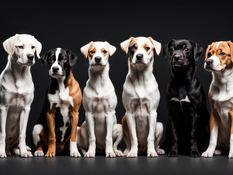 Group of Six Dogs Sitting in a Row on Dark Background