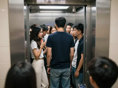 Group of Students Crowded Inside Elevator