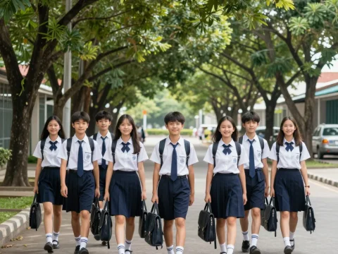 Group of Students Walking Together in School Uniforms