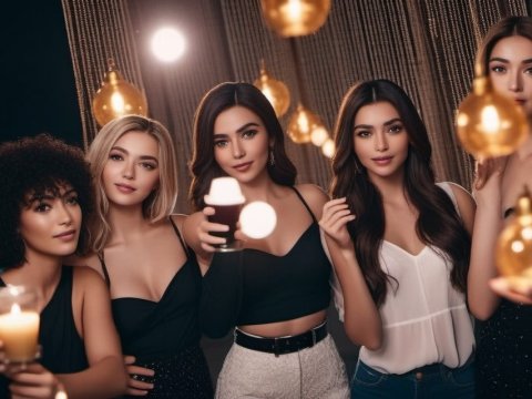 Group of Stylish Young Women Enjoying Evening Together