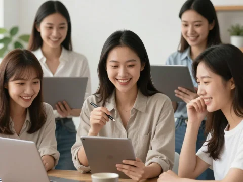Group of Women Collaborating with Digital Devices