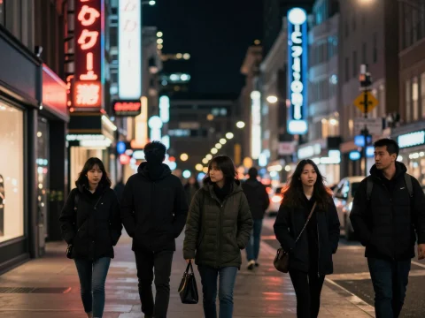 Group of Young People Walking in Neon-Lit City at Night