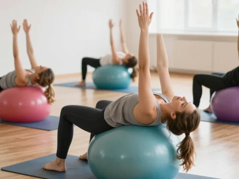 Group Yoga Class Using Exercise Balls in Bright Studio