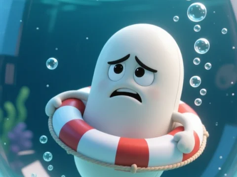 Grumpy Bean Character Floating in Water with Life Preserver