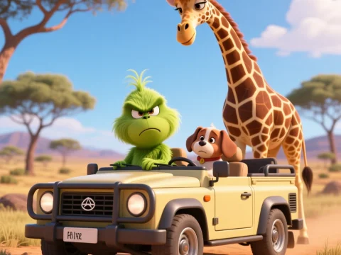 Grumpy Grinch Driving Safari Jeep with Dog and Giraffe