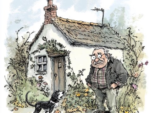 Grumpy Man and Dog Outside Cozy Cottage
