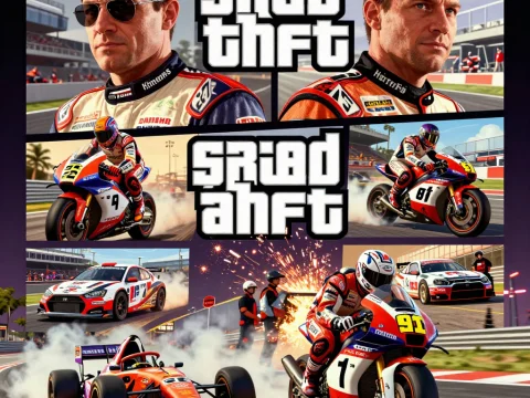 GTA Style Motorsport Game Cover Featuring Racing Drivers and Vehicles