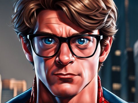 Half-Face Portrait of Spider-Man with Glasses in Cityscape