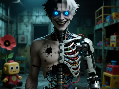 Half-Human Half-Animatronic Character with Glowing Eyes