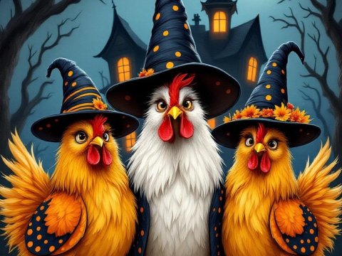 Halloween Chickens in Witch Hats with Haunted House