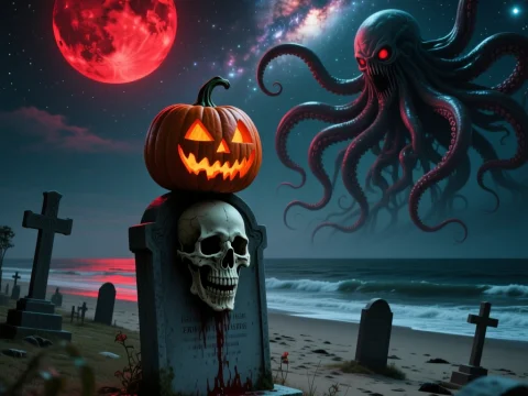 Halloween Graveyard with Jack O' Lantern and Cosmic Monster