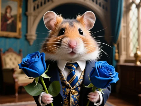 Hamster in Elegant Suit Holding Blue Roses
