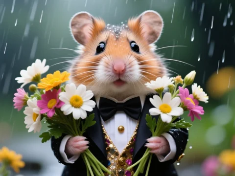 Hamster in Tuxedo Holding Flowers in the Rain