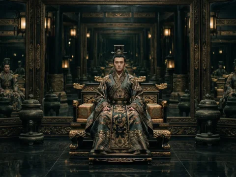 Han Emperor Seated on Ornate Throne with Infinite Mirror Reflection