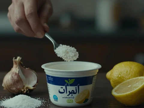 Hand Adding Salt to Yogurt with Garlic and Lemon