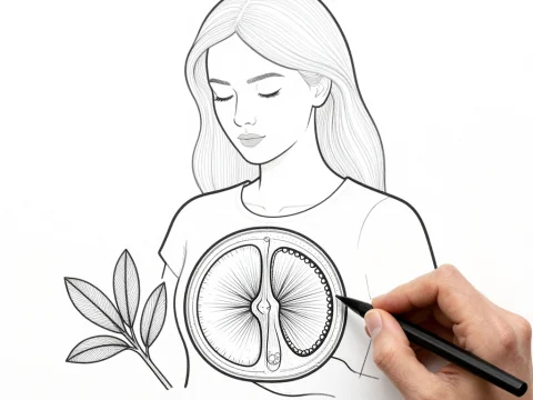 Hand-Drawn Illustration of a Woman with Citrus Slice and Leaves