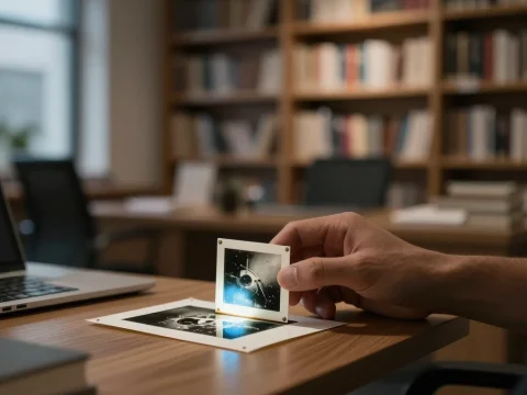 Hand Examining Space-Themed Slides on Wooden Desk