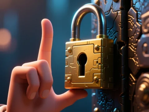 Hand Gesturing Near a Futuristic Golden Padlock