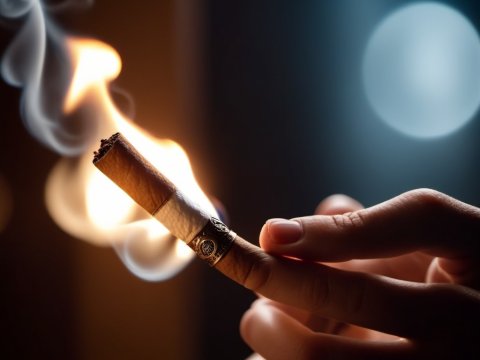 Hand Holding a Lit Cigar with Smoke in Low Light