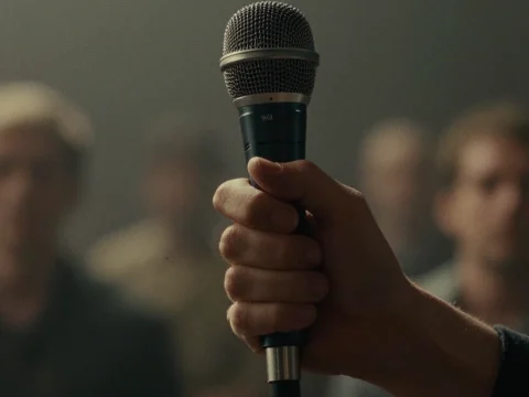 Hand Holding Microphone in Focus with Blurred Audience