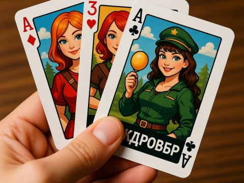Hand Holding Playing Cards with Cartoon Female Characters