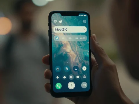 Hand Holding Smartphone Displaying MobiZ10 Interface