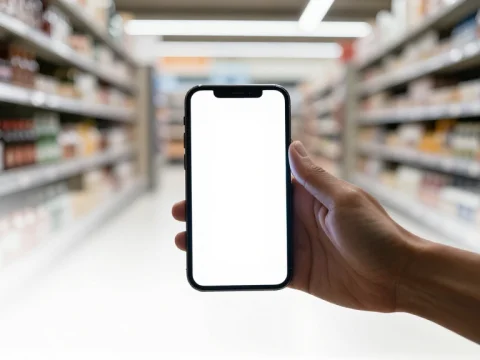 Hand Holding Smartphone in Empty Supermarket Aisle