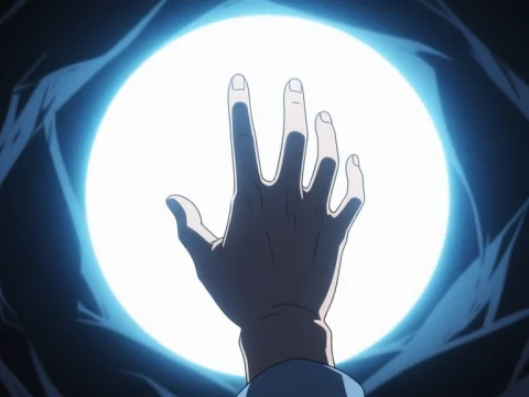 Hand Reaching Toward Bright Light in Shadowy Surroundings