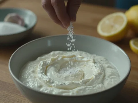 Hand Sprinkling Salt Over Creamy Dip in Bowl