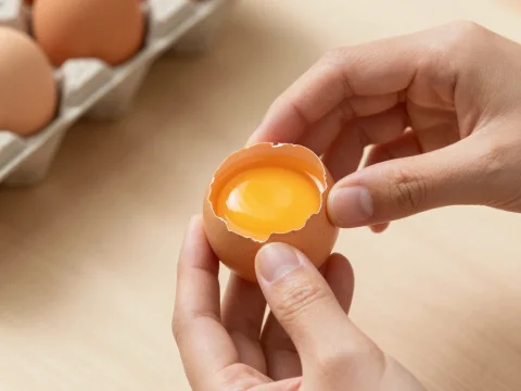 Hands Cracking Open a Fresh Egg with Yolk Inside