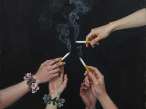 Hands Holding Cigarettes with Smoke Against Dark Background