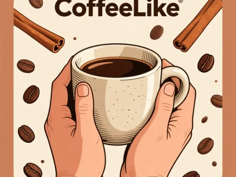 Hands Holding Coffee Cup with Coffee Beans and Cinnamon Sticks