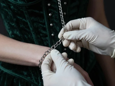 Hands in Gloves Holding Silver Chain on Wrist