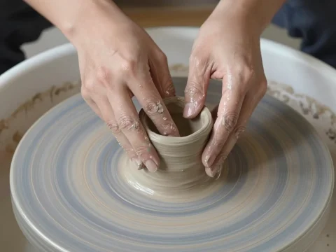 Hands Shaping Clay on a Pottery Wheel