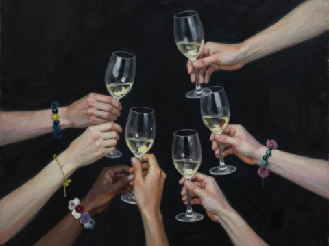 Hands Toasting with Wine Glasses on Black Background