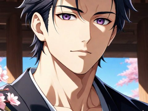 Handsome Anime Man with Purple Eyes in Traditional Attire