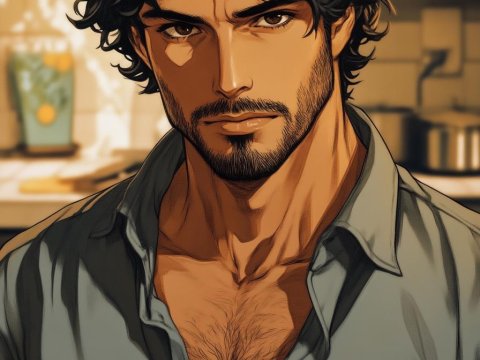 Handsome Bearded Man with Curly Hair in Casual Shirt