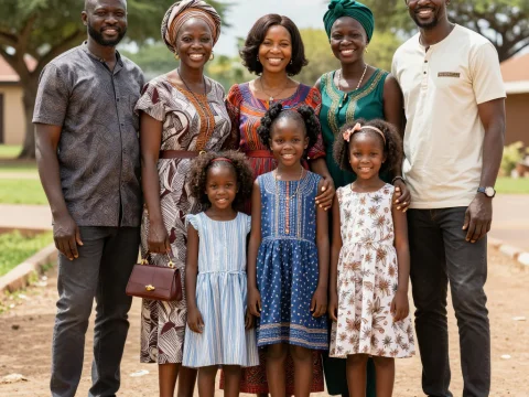 Happy African Family Posing Outdoors in Traditional and Modern Attire
