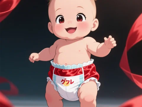Happy Anime Baby in Red Silk Pants