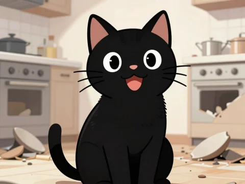 Happy Black Cat Sitting in Messy Kitchen