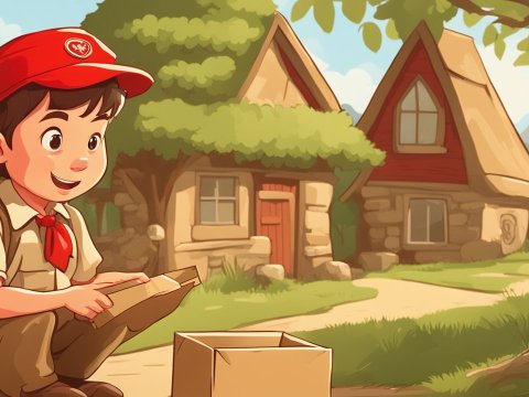 Happy Boy Scout Exploring Outdoors Near Cozy Cottages