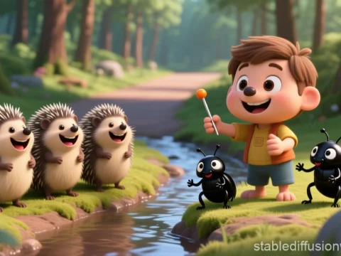 Happy Boy with Laughing Hedgehogs and Bugs in Forest