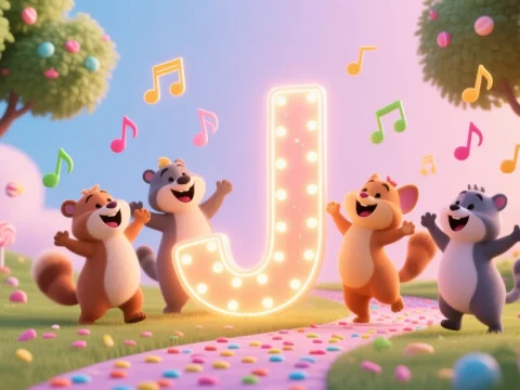 Happy Cartoon Animals Dancing Around a Glowing Letter J