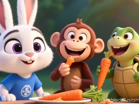 Happy Cartoon Animals Sharing Carrots in a Sunny Forest