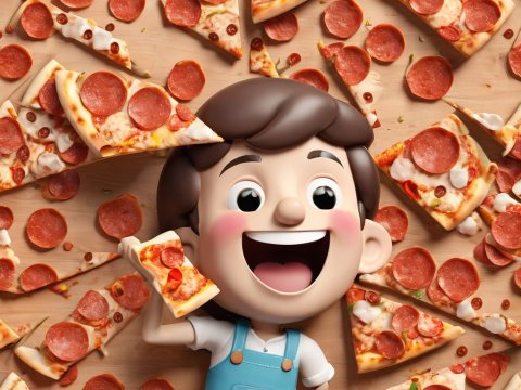 Happy Cartoon Character Surrounded by Pepperoni Pizza Slices