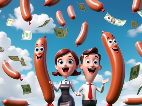 Happy Cartoon Couple Surrounded by Flying Sausages and Money
