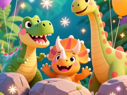 Happy Cartoon Dinosaurs with Balloons in a Jungle