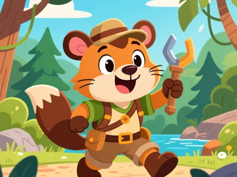 Happy Cartoon Fox Explorer in Forest Adventure