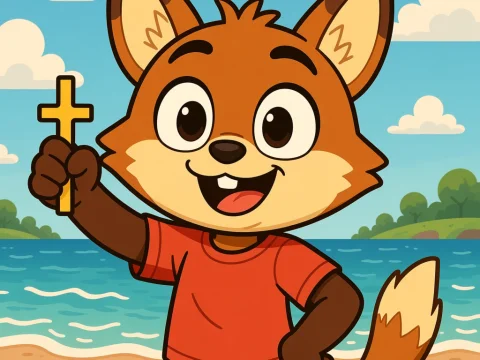 Happy Cartoon Fox Holding a Cross at the Beach