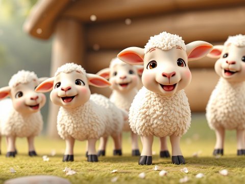 Happy Cartoon Lambs in 3D Render Disney Style